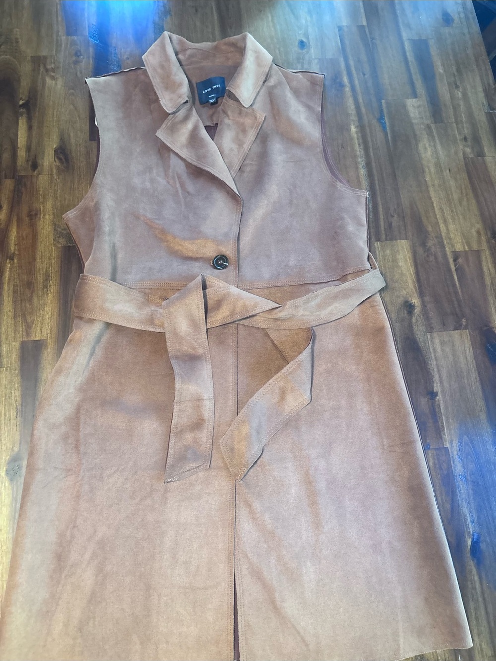 Love Tree Brown Faux Suede Long Trench Vest Belted S